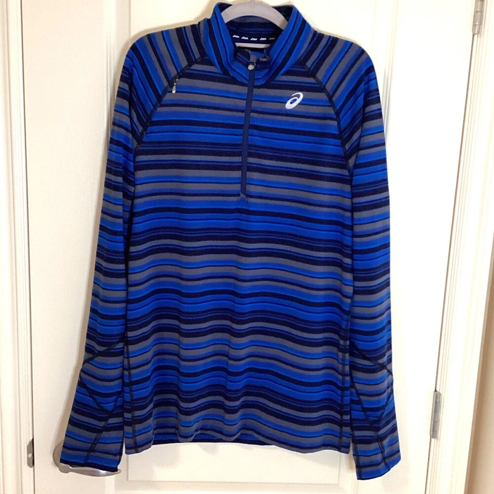 Asics Men's Activewear Top Size M 1/4 Zip Blue Stripped Athletic Sweatshirt